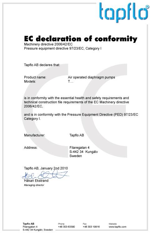 Tapflo AODD pumps CE certificate incl PED directive
