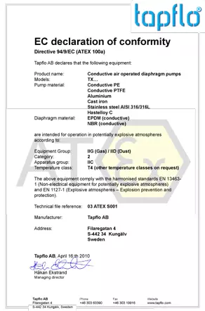 tapflo atex declaration of conformity group IIC with EPDM or NBR diaphragms 2010